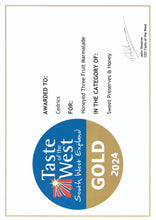 Load image into Gallery viewer, Cedrics 3 Jar Taste of the west Gold Award Winners - Someret Cherry Plum Jam, Honeyed Three Fruit Marmalade & Somerset Fruity Mead Chutney