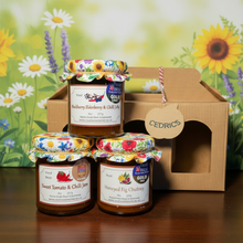 Load image into Gallery viewer, Cedrics Award Winners 3 Jar - Honeyed Fig Chutney & Blackberry, Elderberry & Chilli Jelly and Sweet Tomato & Chilli Jam