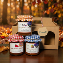 Load image into Gallery viewer, Cedrics Award Winners 3 Jar - Honeyed Fig Chutney & Blackberry, Elderberry & Chilli Jelly and Sweet Tomato & Chilli Jam