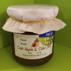 Crab apple and cider jelly. Our ‘Taste of the West’ 2013 Gold Award Winning Jelly.  A Somerset twist on a delicious rosy pink old favourite,  Serving Suggestion: Perfect partnered with cold pork and cheese!  Made by Hand at Cedrics in Somerset, England in tiny batches. 