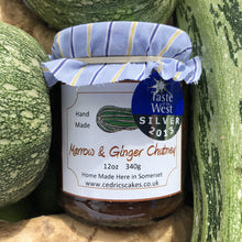 Load image into Gallery viewer, Marrow and Ginger Chutney. Our ‘Taste of the West’ 2013 Silver Award Winning Chutney. An old fashioned chutney with fragrant ginger. Serving Suggestion: A classic served with traditional cheese. Made by Hand at Cedrics in Somerset, England in tiny batches.