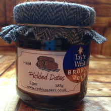 Load image into Gallery viewer, Pickled Dates. Our ‘Taste of the West’ 2013 Bronze Award Winning Pickle.  Delicately pickled whole dates.  Serving Suggestion: Moreish with cold meats! or Stuff with cream cheese.  Made by Hand at Cedrics in Somerset, England in tiny batches.
