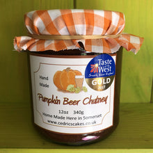 Load image into Gallery viewer, Pumpkin Beer Chutney. Our ‘Taste of the West’ 2017 Gold Award Winning Chutney. A great chutney with rich, autumnal spices. Serving Suggestion: Try pairing with cold Ham and Turkey or with a Traditional Somerset cheddar. Made by Hand at Cedrics in Somerset, England in tiny batches.