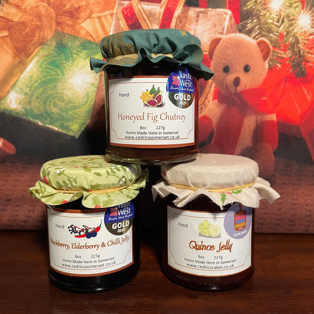 2025 Cedrics 3 jar Award Winners - Quince Jelly, Honeyed Fig Chutney & Blackberry, Elderberry & Chilli jam