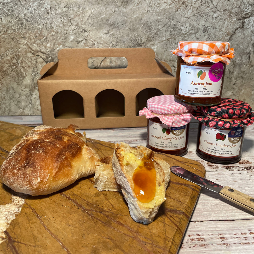 Cedrics 3 Jar Award Winners Gold and Silver 2024 - Cheddar Strawberry Jam, Apricot Jam & Somerset Cherry Plum Jam