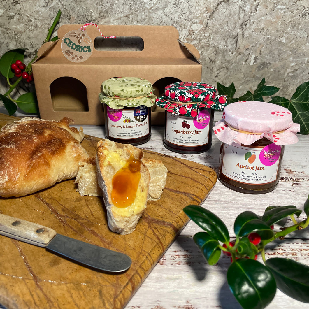 Cedrics 3 Jar World Jam Awards Winners - Gooseberry & Lemon Thyme Jam, Apricot Jam & Loganberry Jam