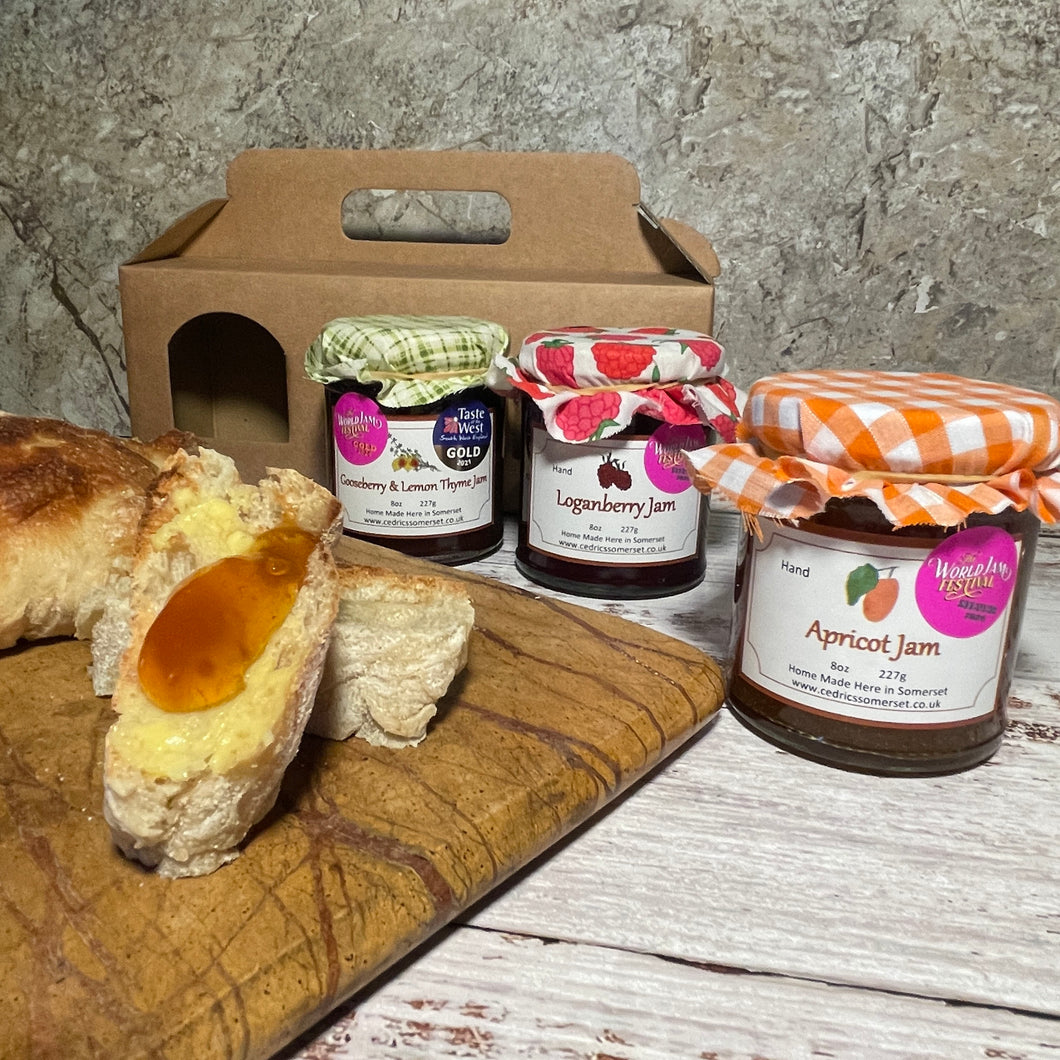 Cedrics 3 Jar World Jam Awards Winners 2024 - Gooseberry & Lemon Thyme Jam, Apricot Jam & Loganberry Jam