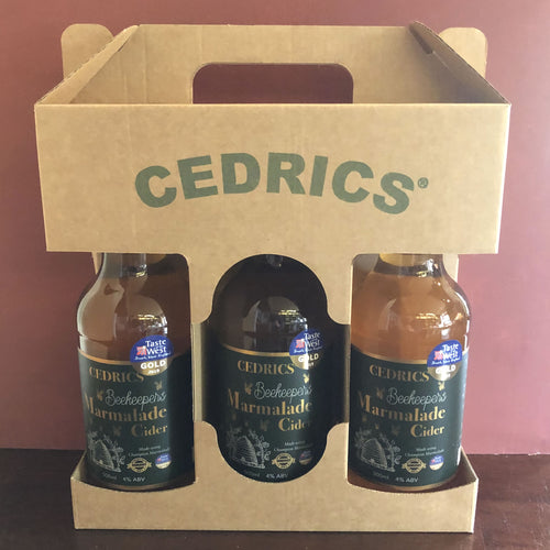 Beekeepers Marmalade Cider 3 bottle gift pack. A Taste of the West Gold 2019 Award Winning Orange and Somerset Honey Marmalade Cider.  A Still medium sweet cider with distinct orange and honey flavours.   Made from our Taste of the West Champion 2018 Award Winning Orange and Somerset Honey Marmalade and Somerset Apples from a single years Harvest which are traditionally pressed and left to mature slowly in old oak barrels.