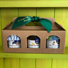 Load image into Gallery viewer, Cedrics 3 Jar mixed Gift Pack  Beekeepers Orange and Somerset Honey Marmalade Champion Taste of the West 2018  Blackcurrant &amp; Violet Jam Gold Taste of the West 2014  Medlar and Cider Jelly Silver Taste of the West 2020  Made by Hand at Cedrics in Somerset, England in tiny batches. 
