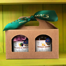 Load image into Gallery viewer, Cedrics 2 Jar Breakfast Gift Pack  Beekeepers Orange and Somerset Honey Marmalade Champion Taste of the West 2018  Plum, Lemon and Honey Jam Silver Taste of the West 2019  Made by Hand at Cedrics in Somerset, England in tiny batches. 
