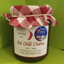 Load image into Gallery viewer, Evil Chilli Chutney. Our ‘Taste of the West’ 2016 Silver Award Winning Chutney.  A great chutney with a kick.  Serving Suggestion: Try pairing with a Traditional Somerset cheddar and enjoy the delicious heat.  Made by Hand at Cedrics in Somerset, England in tiny batches. 
