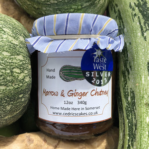 Marrow and Ginger Chutney. Our ‘Taste of the West’ 2013 Silver Award Winning Chutney. An old fashioned chutney with fragrant ginger. Serving Suggestion: A classic served with traditional cheese. Made by Hand at Cedrics in Somerset, England in tiny batches.