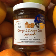 Load image into Gallery viewer, Orange and Scrumpy Cider Marmalade. Our ‘Taste of the West’ 2017 Silver Award Winning Marmalade.  A fabulous Marmalade made with Sweet Oranges and Traditional Somerset Scrumpy Cider, yummy!  Serving Suggestion: Delicious on hot buttered toast!  Made by Hand at Cedrics in Somerset, England in tiny batches. 
