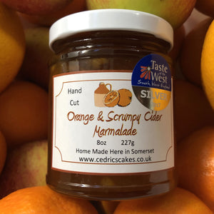 Orange and Scrumpy Cider Marmalade. Our ‘Taste of the West’ 2017 Silver Award Winning Marmalade.  A fabulous Marmalade made with Sweet Oranges and Traditional Somerset Scrumpy Cider, yummy!  Serving Suggestion: Delicious on hot buttered toast!  Made by Hand at Cedrics in Somerset, England in tiny batches. 