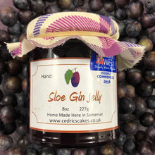 Load image into Gallery viewer, Sloe Gin Jelly. Our ‘Taste of the West’ 2018 Highly Commended Award Winning Jelly.   A decedent, tipsy Jelly.  Serving Suggestion: Perfect partner to traditional cold meats and terrines.  Made by Hand at Cedrics in Somerset, England in tiny batches. 
