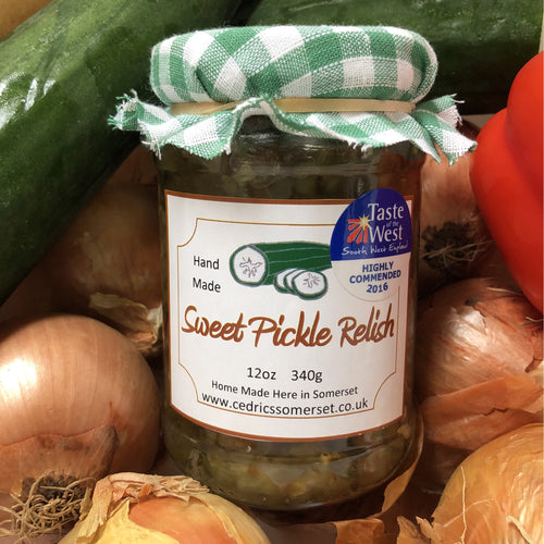 Sweet Pickle Relish. Our ‘Taste of the West’ 2016 Award Winning Relish. A wonderful Relish made from Crisp Cucumbers, Sweet Peppers and Onions. Our Best one yet according to some! Serving Suggestion: A particular marvel in Hamburgers and Door-step Ham & Cheese Sandwiches. Made by Hand at Cedrics in Somerset, England in tiny batches.