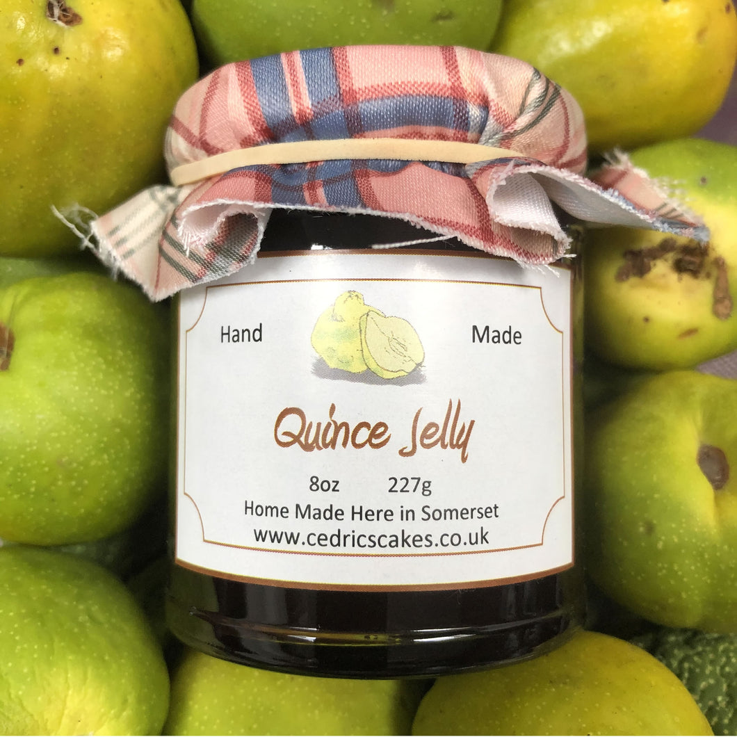 Quince Jelly. Made from Somerset Quinces and has a unique flavour, hard to describe! Serving Suggestion: Perfect Pairing with a Cheese board and cooked meats such as ham and pork. Made by Hand at Cedrics in Somerset, England in tiny batches.